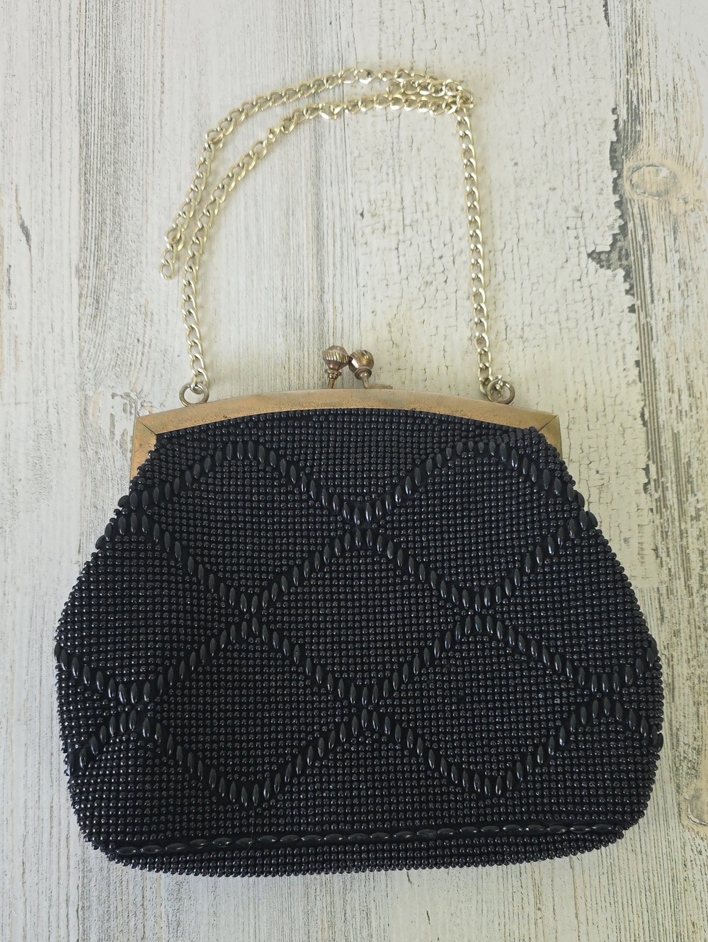 Vintage Black Beaded Evening Bag with Gold Chain FLAWS Made In Hong Kong